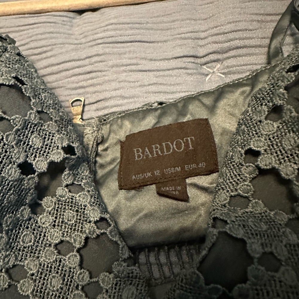 Bardot lace dress with tie straps medium. Custom dyed dark green/blue. - Picture 3 of 3